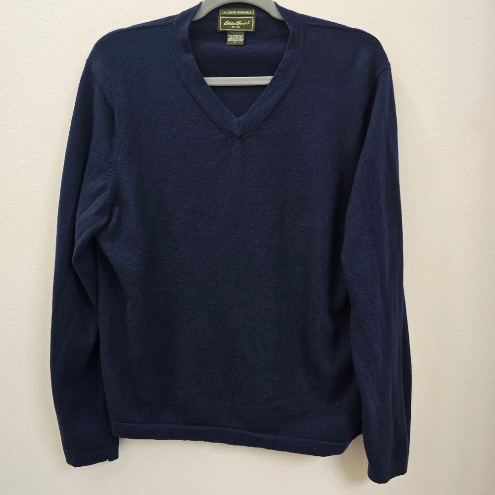 Eddie Bauer Mens Navy Blue Merino Wool Cotton V-Neck Sweater Size L Machine Wash